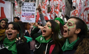 Mercredi, avant le vote de la loi, les militantes féministes ont manifesté pour le droit à l'IVG. (EITAN ABRAMOVICH / AFP)