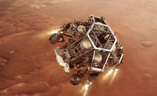 Illustration du rover Perseverance lors de sa descente sur le sol martien.