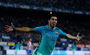 Luis Suarez fête son but contre l'Atletico Madrid le 1er février 2017.