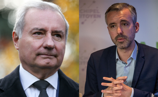 Le maire sortant de Toulouse, Jean-Luc Moudenc (LR), et le candidat de la liste Archipel citoyen, Antoine Maurice (EELV).