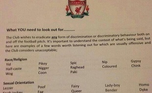 La liste des insultes interdites à ses salariés par Liverpool, postée sur le compte Twitter du Telegraph.
