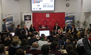 Lille, le 25 février 2020. Débat entre les candidats à l'élection municipale à Lille organisé par l'école Sciences Po Lille avec Martine Aubry, Stéphane Baly, Julien Poix, Violette Spillebout et Marc-Philippe Daubresse.