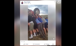 Capture d'une vidéo postée sur Facebook par Regan Magill, montrant le sauvetage de deux personnes par une équipe de jeunes footballeurs américains.