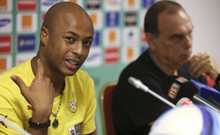 Ghana's captain Andre Ayew, left, speaks during a press conference a head of their African Cup of Nations Finals soccer match with Ivory Coast on Sunday at Estadio De Bata, Equatorial Guinea, Saturday Feb. 7, 2015. (AP Photo/Sunday Alamba)/NIN107/882941166752/1502071347