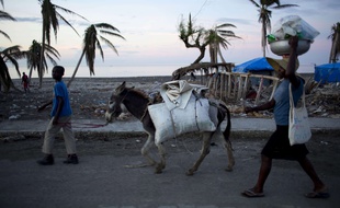 Des habitants de Coteaux, sur l'île d'Haïti, après le passage de l'ouragan Matthew, le 1er novembre 2016.