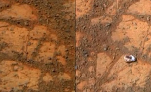 Capture d'écran d'une vidéo du «Telegraph» sur la mystérieuse roche apparue près du robot Opportunity sur Mars en janvier.