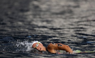 Aurélie Muller au 10 km en eau libre aux Championnats du monde de natation, à Yeosu (Corée du Sud), le 14 juillet 2019.