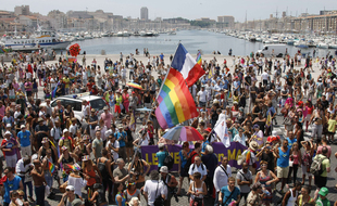 Demonstrators take part in the Europride gay rights march 2013, on the Old-Port, in Marseille, southern France, Saturday, July 20, 2013. (AP Photo/Claude Paris)/MAR113/694387016167/1307201928