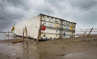 Photo prise le 30 novembre 2015 montrant un conteneur de bananes sur la plage de Westende en Belgique