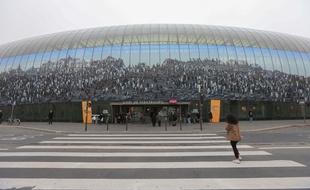 Strasbourg, le 27 octobre. - Manchotssur la verrière de la gare de Strasbourg à l'occasion de la COP 21, la Conférence des Nations unies sur les changements climatiques.