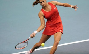 Amelie Mauresmo of France returns the ball to Monica Niculescu of Romania during their match in the Paris Open tennis tournament in Paris February 12, 2009. REUTERS/Jacky Naegelen (FRANCE)