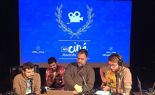 Daniel Andreyev, Alexandre Hervaud, Rafik Djoumi et Thomas Rozec, lors d'un l'enregistrement du podcast NoCiné, produit par Binge Audio.