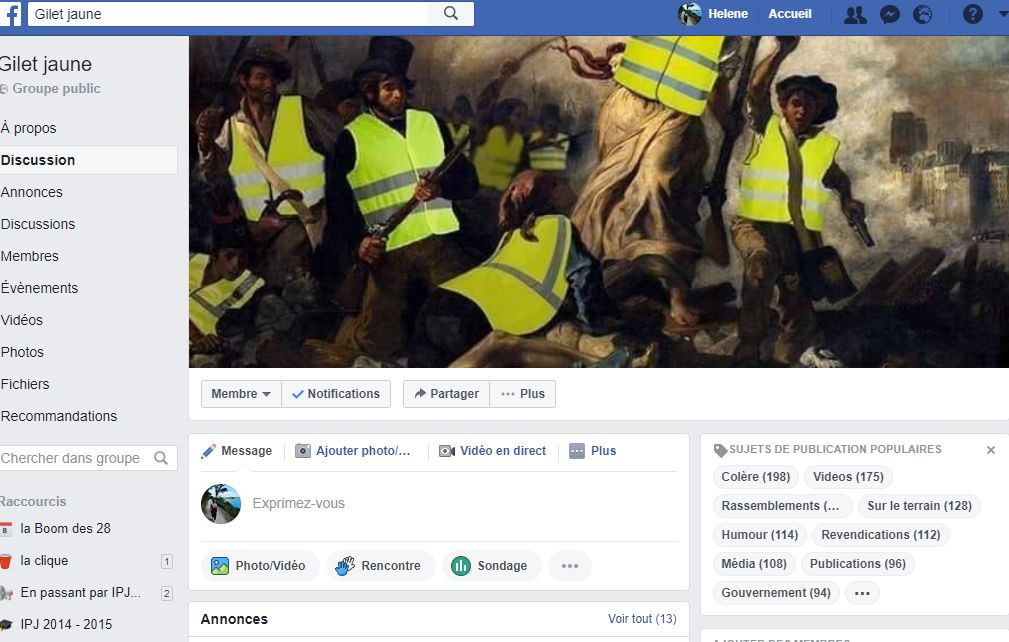 Capture d'écran d'une des principales pages de gilets jaunes en France sur Facebook.