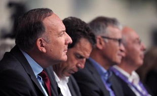 De GàD: le président du Medef Pierre Gattaz et les Vice presidents Geoffroy Roux de Bezieux, Patrick Bernasconi et Jean-François Pilliard le 24 août 2014 à Jouy-en-Josas