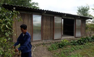 Vo Van Dong, agriculteur, devant sa maison prototype en bambou et feuilles de cocotier le 11 décembre 2014 à Long An, dans le delta du Mékong