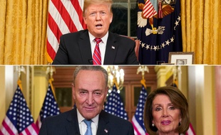 Photomontage des interventions de Donald Trump et des démocrates Chuck Schumer et Nancy Pelosi sur la crise du shutdown, qui coince toujours sur le mur souhaité par le président américain à la frontière.