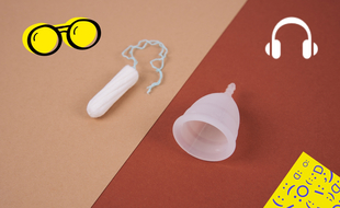 Illustration de protections intravaginales, un tampon et une coupe menstruelle
