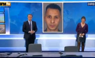 Pendant la météo de BFM TV, les présentateurs ont la mauvaise surprise de découvrir le portrait de Salah Abdeslam, le 17 décembre 2015.