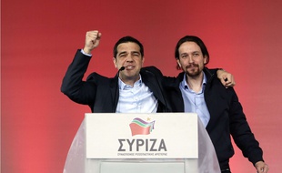 Alexis Tsipras, leader de Syriza avec Pablo Iglesias chef de Podemos, parti de gauche antilibéral espagnol le 22 janvier.