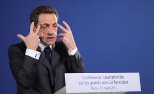 Nicolas Sarkozy à la conférence internationale sur les grands bassins forestiers, le 11 mars 2010 à Paris.