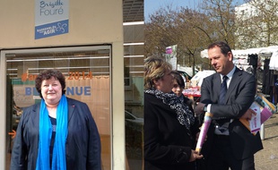 Brigitte Fouré, candidate UMP-UDI à la mairie d'Amiens et son concurrent Thierry Bonté (PS). Le 12 mars 2014.