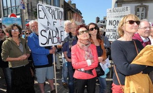 Des manifestants opposés à un projet d'extraction de sable dans la baie de Lannion (Côtes d'Armor), le 8 juin 2015 lors de la visite du ministre de l'Economie, Emmanuel Macron