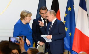 Angela Merkel, Emmanuel Macron et Vladimir Poutine, à Paris le 10 décembre 2019 (illustration).