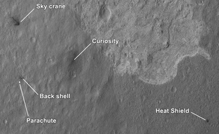 Carte de la Nasa montrant les lieux où ont atterri les divers éléments de la mission du robot Curiosity sur Mars.