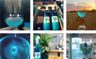 Des posts Instagram (plus ou moins sponsorisés) présentent le vin bleu de Vindigo.