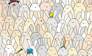 Pas évident du tout de retrouver l’œuf caché parmi les lapins.