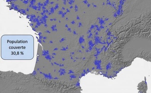 La couverture du réseau de Free Mobile, estimée à 30,8% du territoire, fin mars, par l'ANFR.
