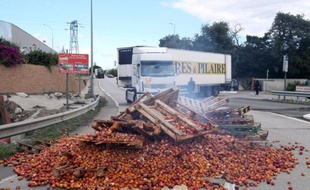 Des agriculteurs français bloquent le 13 août 2014 avec des montagnes de nectarines l'accès au marché Saint-Charles International, à Perpignan pour protester contre le "dumping économique" pratiqué en Espagne
