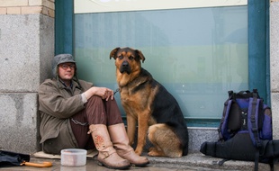 Un sans-abri avec son chien dans la rue.
