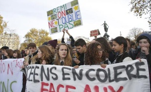 High school students hold on November 13, 2014 a banner during a demonstration in the center of Paris, reading: "Angry High School Students" and a placard, saying "Remi, we're not forgeting you" in reference to ecological militant Remi Fraisse killed on October 26 by a police grenade during clashes at a demonstration in southern France. AFP PHOTO / THOMAS SAMSON