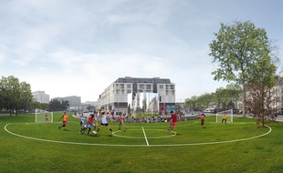 Le terrain de Feyball, installé devant le Carré Feydeau © esquisse : Barré-Lambot