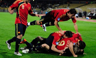 Les Espagnols se congratulent après un but de Fernando Torres face à la Nouvelle-Zélande, le 14 juin 2009.