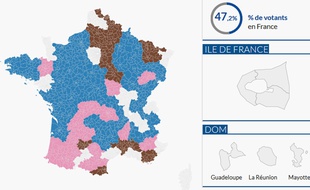 Carte interactive des résultats des départementales 2015. Capture d'écran.