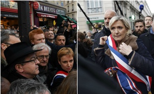 Jean-Luc Mélenchon et Marine Le Pen sont venu à la marche blanche pour Mireille Knoll à Paris le 28 mars 2018.