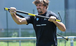 Le joueur de l'ASM Clermont Julien Pierre à l'entraînement, le 17 juillet 2014 au Stade des Gravanches à Clermont-Ferrand.