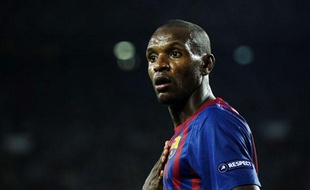 Le défenseur français du FC Barcelone Eric Abidal, le 13 septembre 2011, contre le Milan AC en Ligue des Champions au Camp Nou.