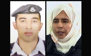 Montage de photographies du pilote jordanien Maaz al-Kassasbeh (G), retenu par Daesh, et de la djihadiste irakienne Sajida al-Rishawi, que Daesh souhaite voir libérer.