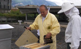 Claude Merle enfume les abeilles d'une des ruches installées sur le toit de la mairie.