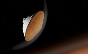 Image de synthèse du rover Perseverance, ici dissimulé derrière son bouclier thermique qui lui sera bien utile au moment de traverser l'atmosphère martienne.