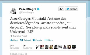 Le tweet de Pascal Nègre après la mort de Georges Moustaki, le 23 mai 2013.