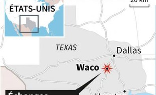 Carte de localisation de Waco où une tuerie a fait 9 morts et plusieurs blessés (45x45 mm)