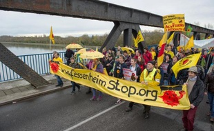 Des manifestants antinucléaires à Chalampe exigeant la fermeture de la centrale de Fessenheim, le 15 novembre 2014