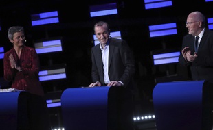 Candidats à la présidence de la Commission européenne, la Danoise Margrethe Vestager (libérale), l'Allemand Manfred Weber (droite proeuropéenne) et le Néerlandais Frans Timmermans (social-démocrate) ont participé à un débat, le 15 mai 2019.