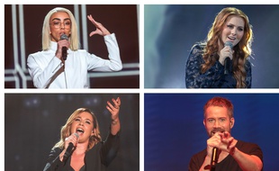 De gauche à droite et de haut en bas : Bilal Hassani, Seemone, Chimène Badi et Emmanuel Moire, quatre des huit finalistes de «Destination Eurovision» 2019.