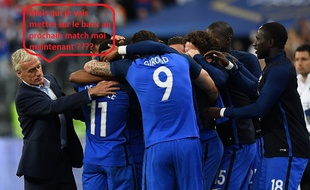 Didier Deschamps avec ses joueurs lors de la victoire de la France contre l'Angleterre, le 13 juin 2017 au Stade de France.