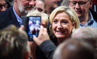 Marine Le Pen lors d'un meeting jeudi 16 mais 2019, à Fessenheim (Haut-Rhin).